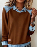 Denim Collar Patchwork Pullover Knitwear Top – Women’s Street Style