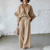 Women's Loose-Fit V-Neck Top & Wide-Leg Pants Two-Piece Set