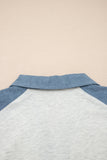Beige Plus Size Contrast Denim Patchwork Cuffed Sleeve Polo Tee
