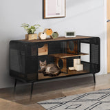 Modern Spacious Cat House with Fir Wood and Iron Frame - Black & Brown