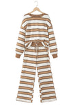 Khaki Stripe Contrast Trim Patchwork Casual Two-Piece Pants Set