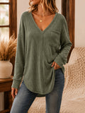 Womens Loose-Fit Pullover V-Neck Long-Sleeve T-Shirt
