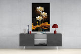 Golden Lotus on Black Flowing Glass Wall Art