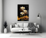 Golden Lotus on Black Flowing Glass Wall Art