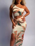 Tropical Print One-Shoulder Cut-Out Maxi Dress