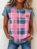 Denim Patchwork Short Sleeve Blouse