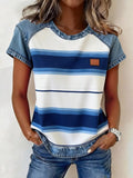 Denim Patchwork Short Sleeve Blouse