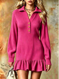 Ribbed Knit Polo Dress | Ruffle Hem Mini | Button-Neck Long Sleeve Dress