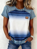 Denim Patchwork Short Sleeve Blouse