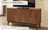 Mid Century Modern TV Stand, 56-Inch Wood Cabinet with Carved Geometric Doors, Walnut