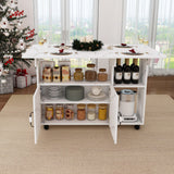 White Folding Kitchen Island with Storage Shelves and Wheels