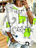 Cartoon Cat Print Hoodie with 3/4 Sleeves & Drawstring