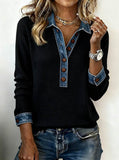Denim Collar Patchwork Pullover Knitwear Top – Women’s Street Style