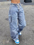 High-Waisted Drawstring Cargo Jeans