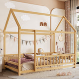 Twin Size Floor Wooden Bed with House Roof Frame
