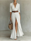 Women's High Waist A-Line Maxi Shirt Dress – 3/4 Sleeve