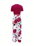 Essnce Women'S Summer Solid Color round Neck Short Sleeve T-Shirt and Flower Printed Wide Leg Pants Casual Two-Piece Set