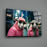 Sheep Duo in Pink Puffer Jackets Glass Wall Art