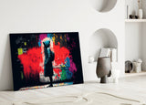 Hooded Kid Facing Red Paint Splash Glass Wall Art