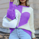 Knitted Love Contrast Women's Sweaters 2021 Autumn Flared Sleeves O-neck Patchwork Loose Pullovers Female Sweet Loose Casual Top