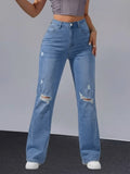 Women Distressed Cuffed Straight Leg Cropped Denim Jeans Stretch Slim Pants For Daily Street Casual Outfits