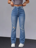 Women Distressed Cuffed Straight Leg Cropped Denim Jeans Stretch Slim Pants For Daily Street Casual Outfits