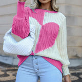 Knitted Love Contrast Women's Sweaters 2021 Autumn Flared Sleeves O-neck Patchwork Loose Pullovers Female Sweet Loose Casual Top