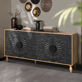 Black Carved Door TV Stand with Adjustable Shelves - Black & Natural