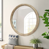Round Decorative Wall Mirror, 35.43 Inches, Distressed Wood Beaded Frame, Natural Wood