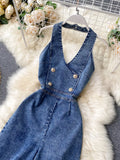 Halter Neck Wide Leg Denim Jumpsuit