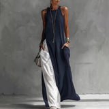 Women's Sleeveless Loose Contrast Color Dress with Pockets