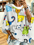 Cartoon Cat Print Hoodie with 3/4 Sleeves & Drawstring