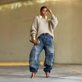 New-style Distressed Patchwork Washed Denim Jeans