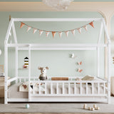 Twin Size Floor Wooden Bed with House Roof Frame