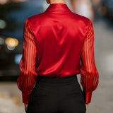 Women’s Satin Lapel Collar Blouse – Sheer Long Sleeve Button-Down Shirt for Office & Spring/Autumn Wear