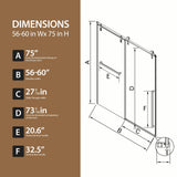 Matte Frameless Sliding Shower Door 56"-60" W x 75" H
