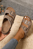 Medium Grey Retro Double Buckle PU Leather Faux Suede Platform Slippers