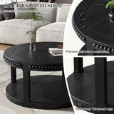 31.5-Inch Round Solid Wood Coffee Table, Two-Tier Open Storage, Black