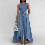 Women’s Crew Neck Sleeveless Wide-Leg Denim Jumpsuit