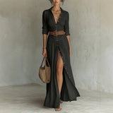 Women's High Waist A-Line Maxi Shirt Dress – 3/4 Sleeve