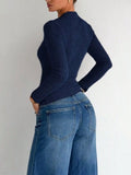 Ribbed Knit Long Sleeve T-Shirt with Metal Ring Cutout Detail
