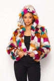 Fasheabe Multicolor Faux Fur Hooded Jacket With Front Zipper
