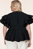 Fasheabe Plus Size Black Ruffle Plunging V-Neck Fit and Flare Top