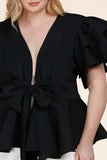 Fasheabe Plus Size Black Ruffle Plunging V-Neck Fit and Flare Top