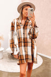 Khaki Plaid Pattern Collared Neck Ruffled Shirt Dress