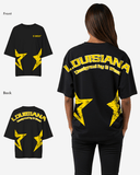 G West Womens Oversized Louisiana Arch Logo Black Tee