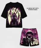 G WEST RHINESTONE MAN IN GLOW 3/4 SLEEVES MESH SHORT SET