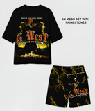 G WEST RHINSTONE RISE FROM THE SHADOW 3/4 SLEEVES MESH SHORT SET