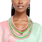 AKA Pink & Green Pearl 5-Strand Rhinestone Leaf Necklace & Earring Set