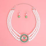 AKA White Pearl 3-Strand Pink Circle Pendant Necklace & Earring Set